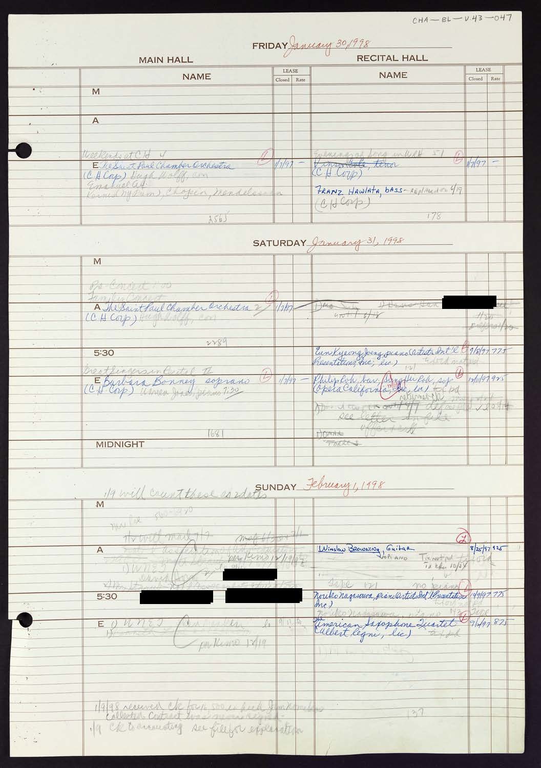 Carnegie Hall Booking Ledger, volume 43, page 47