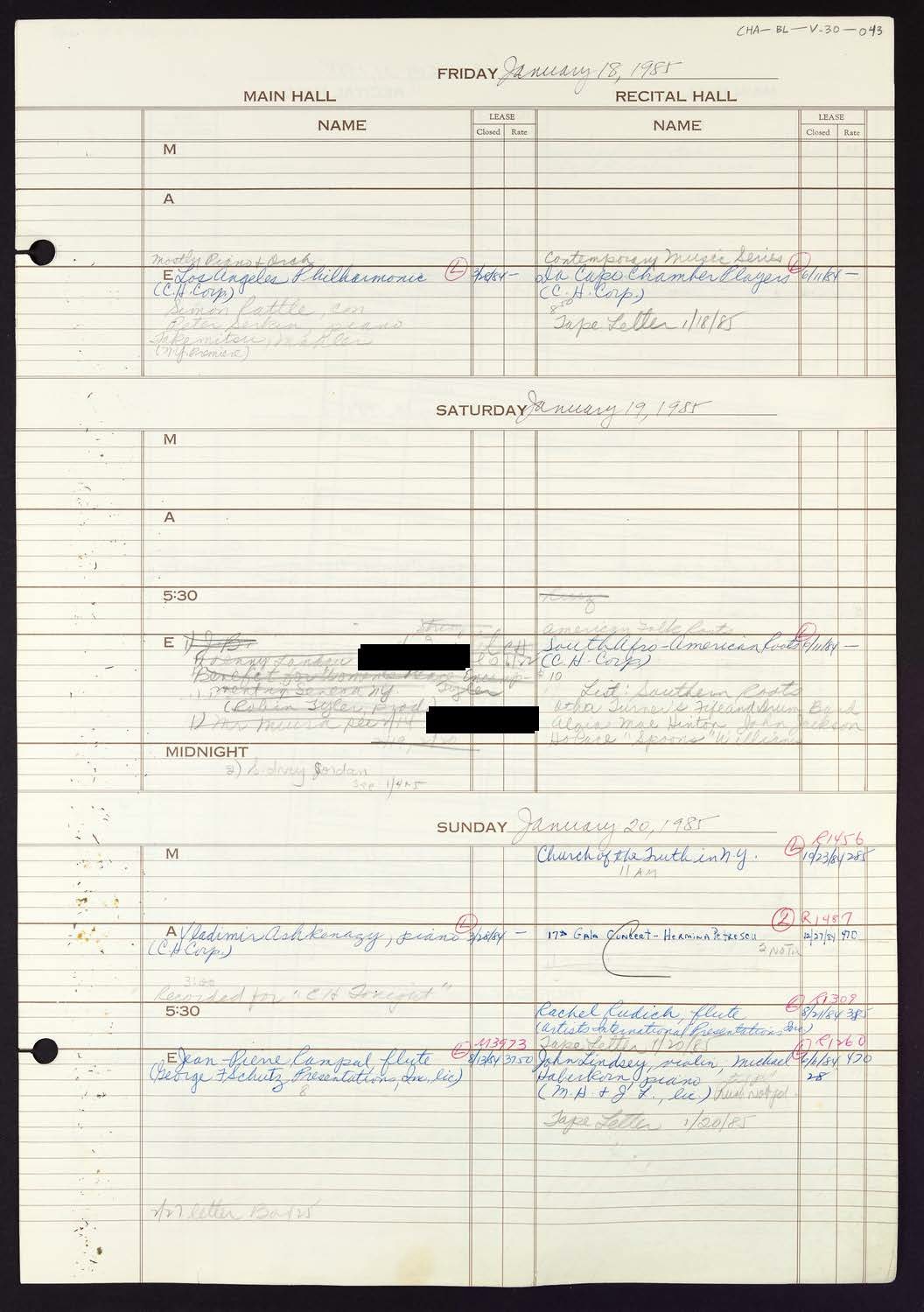 Carnegie Hall Booking Ledger, volume 30, page 43