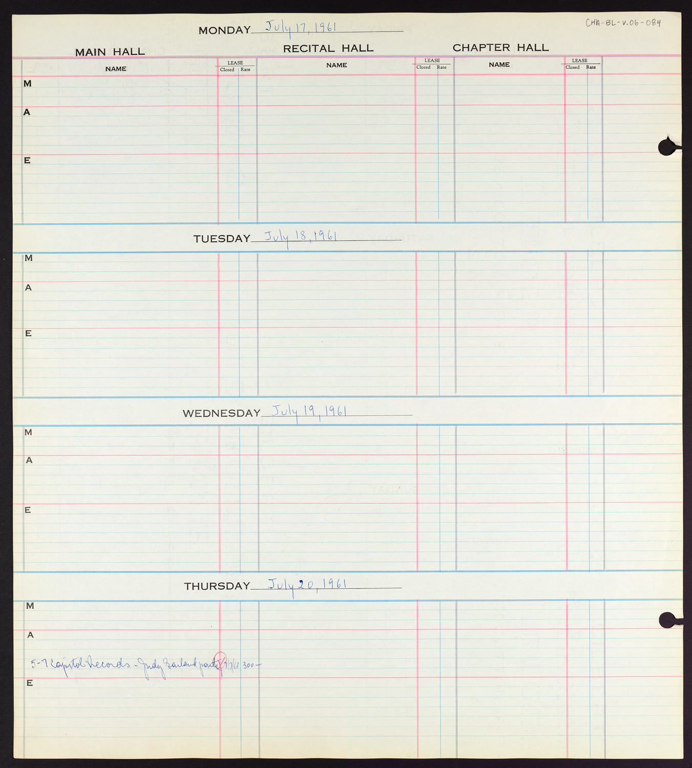 Carnegie Hall Booking Ledger, volume 6, page 84