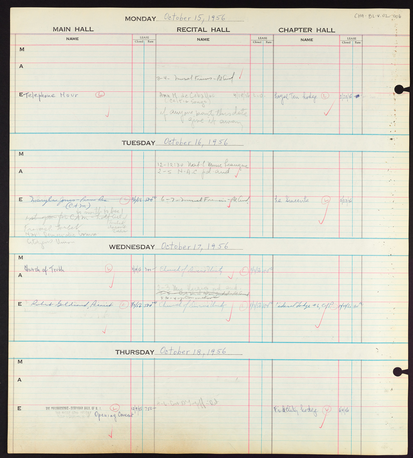 Carnegie Hall Booking Ledger, volume 2, page 6