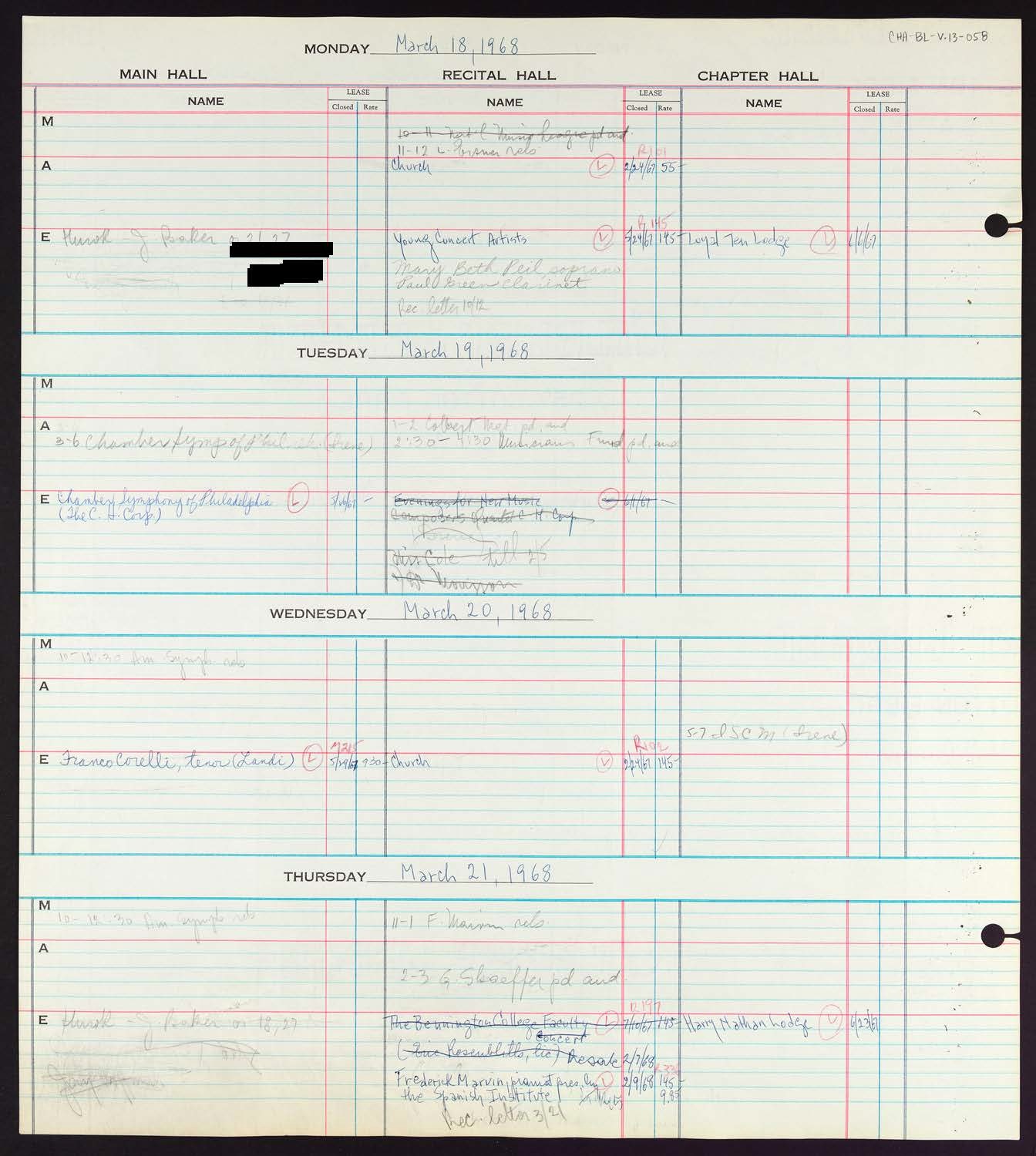 Carnegie Hall Booking Ledger, volume 13, page 58