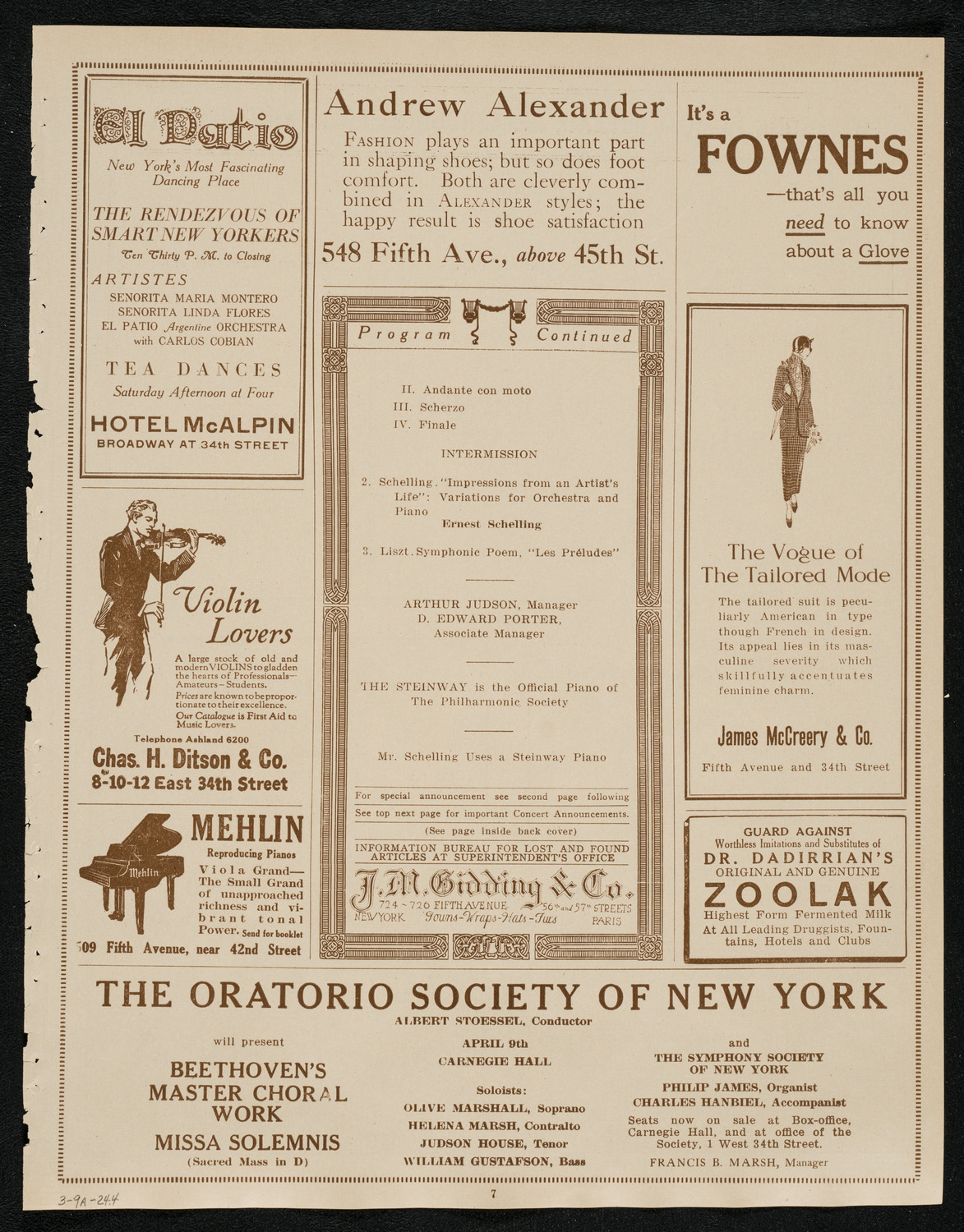 New York Philharmonic, March 9, 1924, program page 7