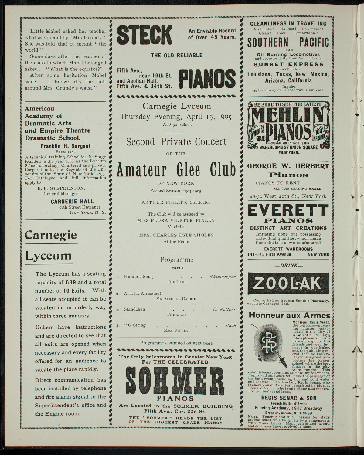 Amateur Glee Club of New York, April 13, 1905, program page 2