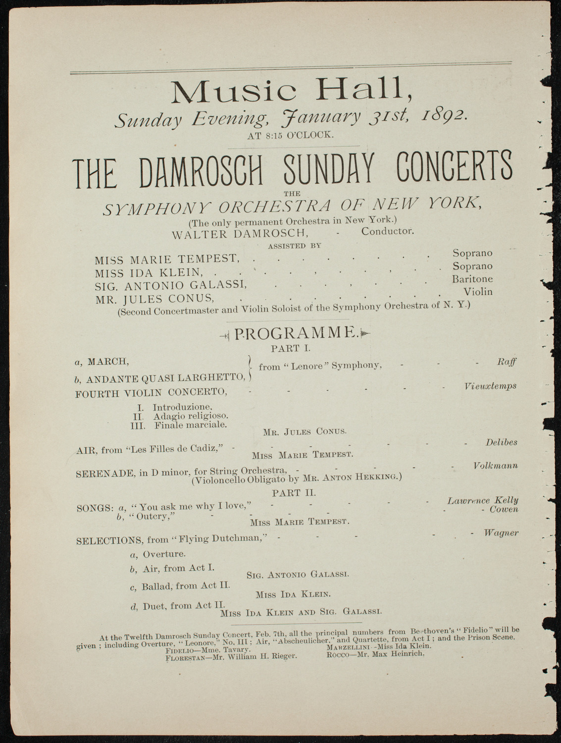 Damrosch Sunday Concert, January 31, 1892, program page 6