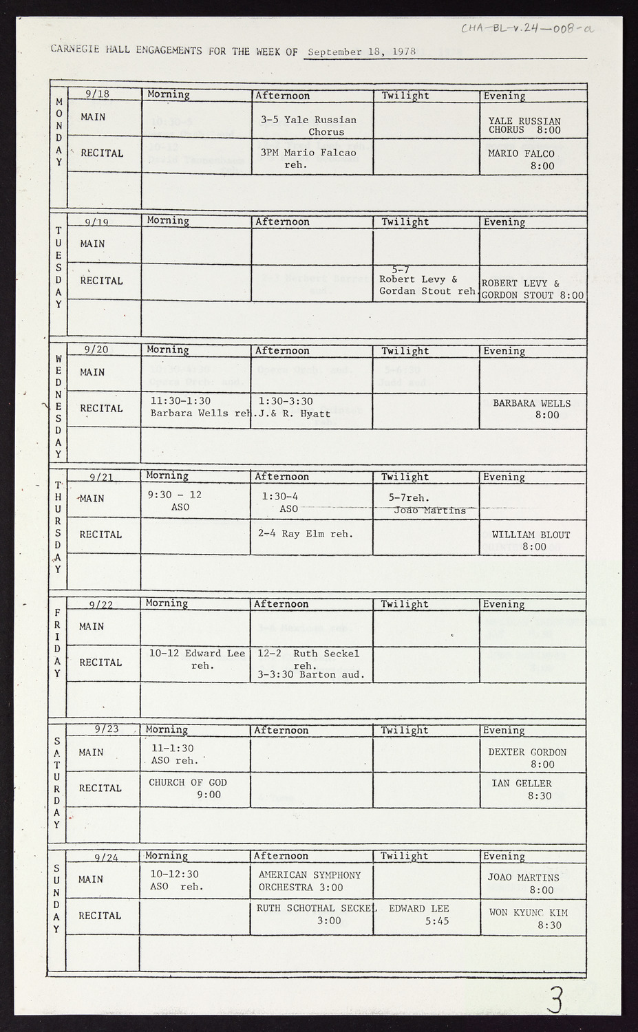 Carnegie Hall Booking Ledger, volume 24, page 8a