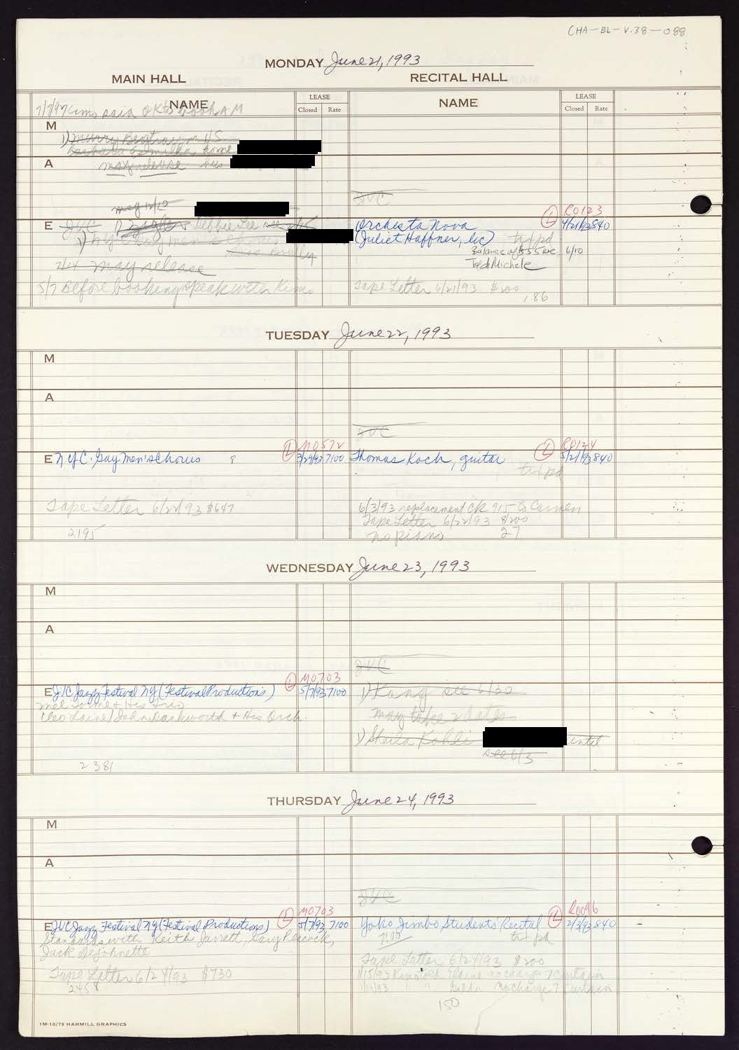 Carnegie Hall Booking Ledger, volume 38, page 88