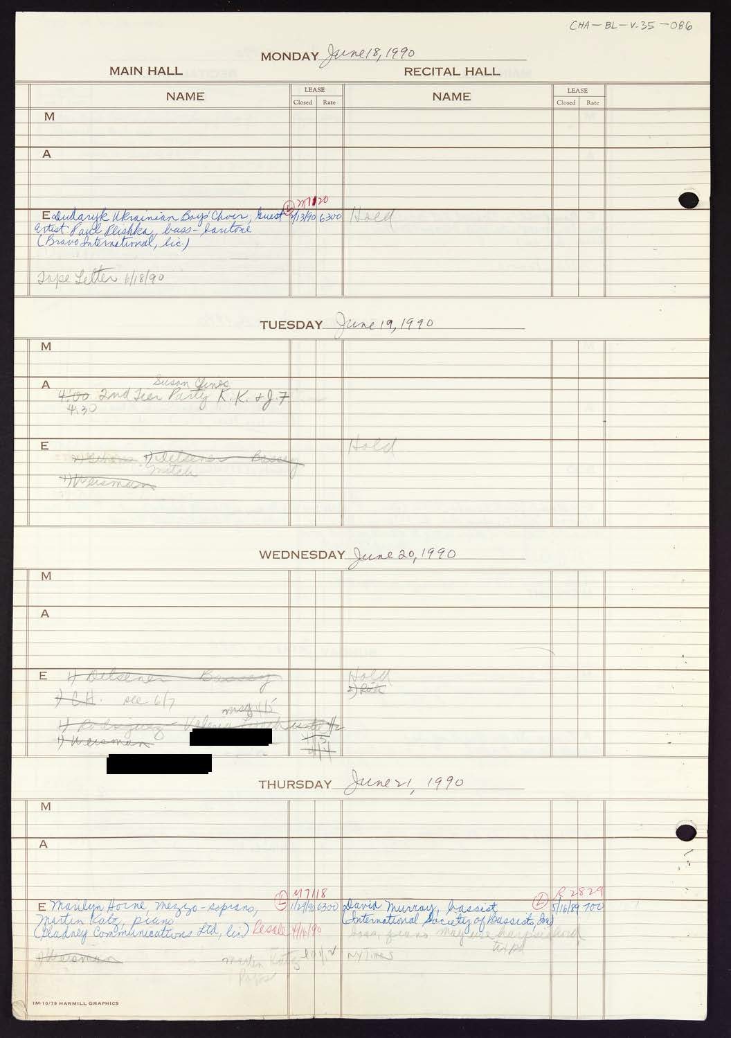 Carnegie Hall Booking Ledger, volume 35, page 86