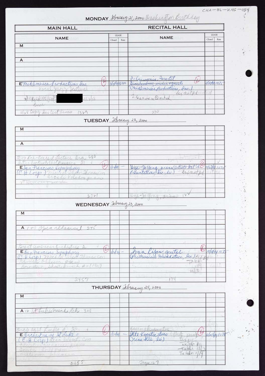 Carnegie Hall Booking Ledger, volume 45, page 54