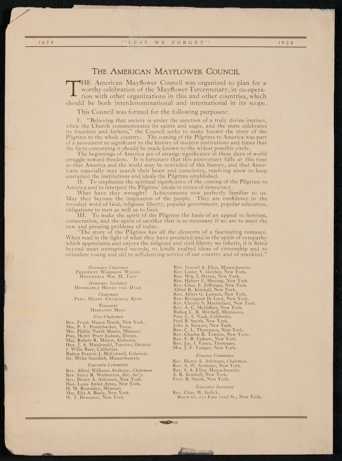 Three Hundredth Anniversary of the Landing of the Pilgrims, November 26, 1920, program page 4