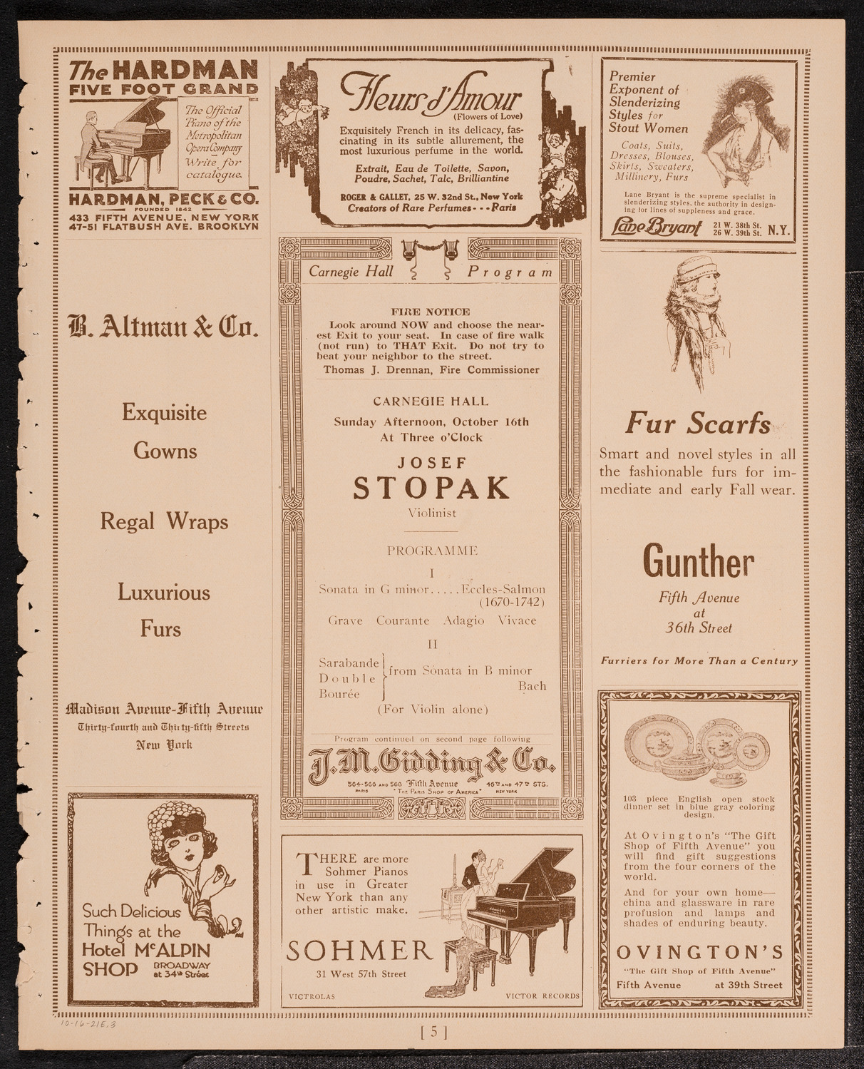 Josef Stopak, Violin, October 16, 1921, program page 5