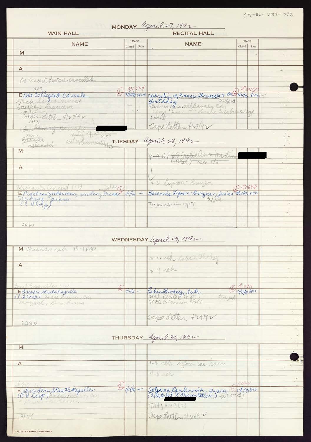 Carnegie Hall Booking Ledger, volume 37, page 72