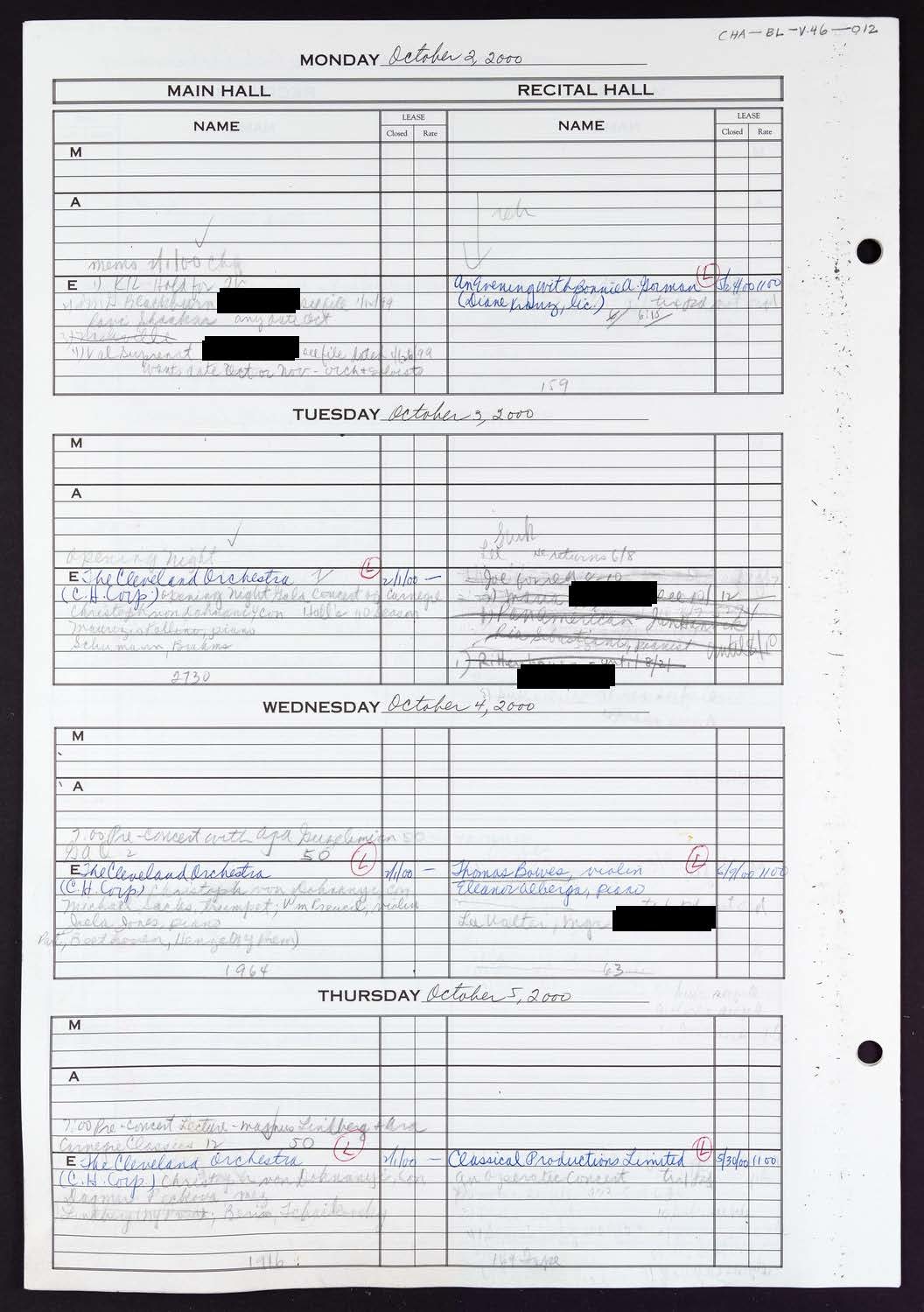 Carnegie Hall Booking Ledger, volume 46, page 12