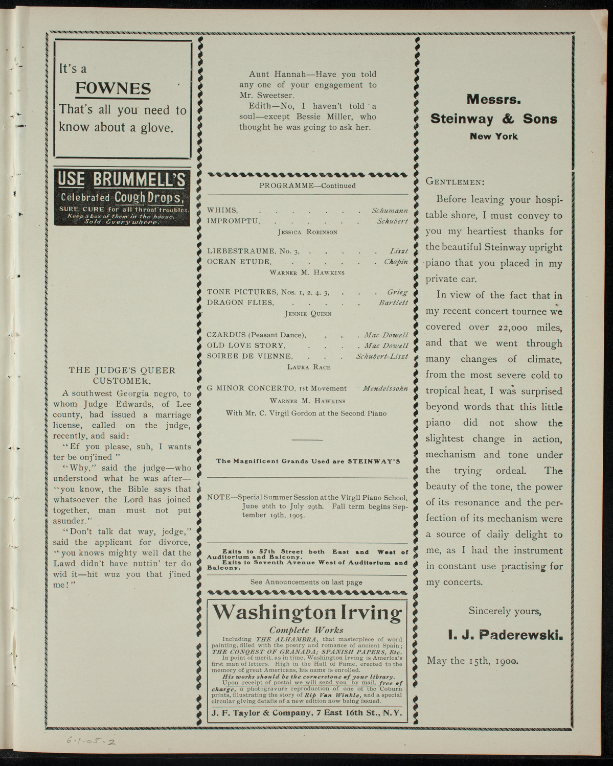 Virgil Piano School Advanced Class Recital, June 1, 1905, program page 3