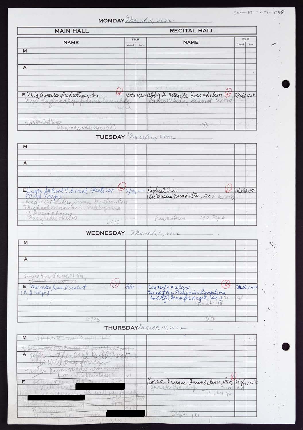 Carnegie Hall Booking Ledger, volume 47, page 58