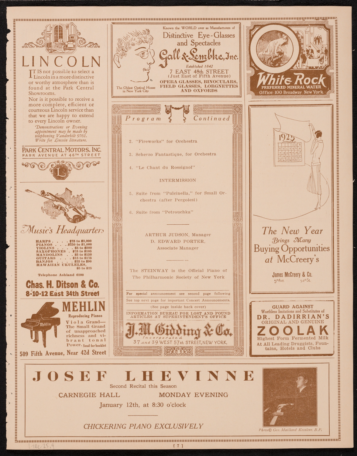 New York Philharmonic, January 10, 1925, program page 7