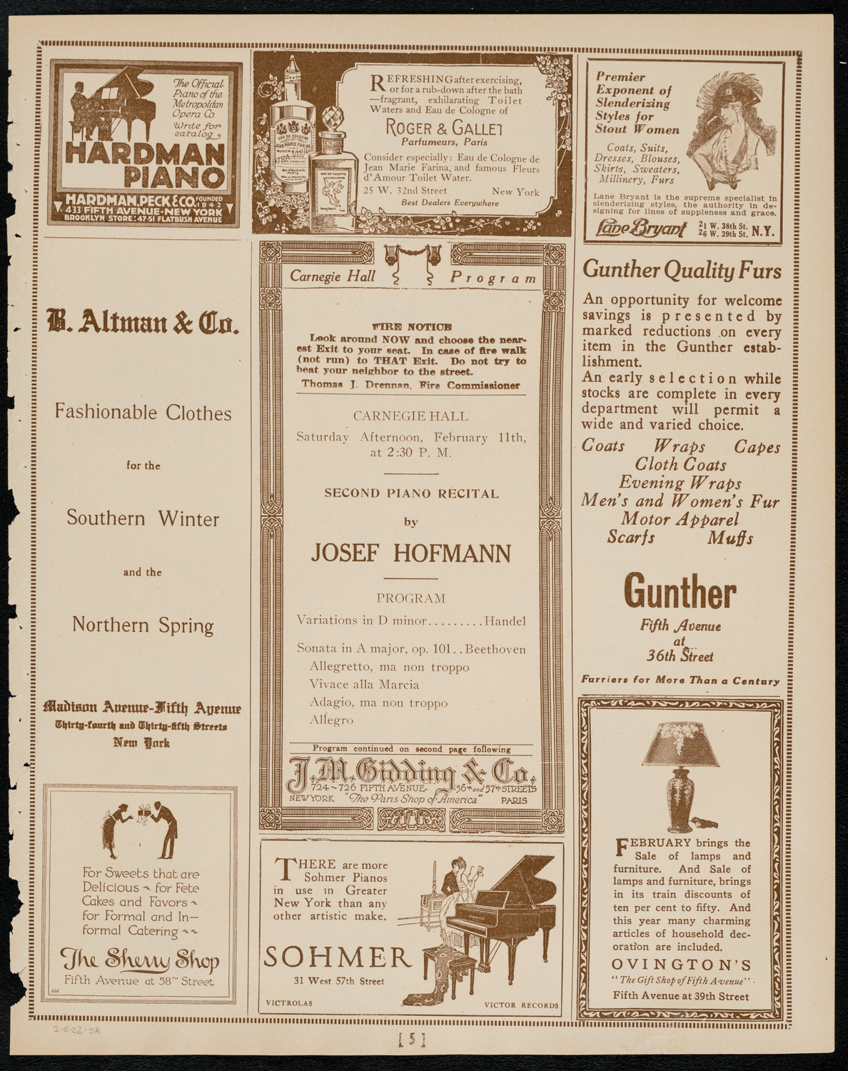 Josef Hofmann, Piano, February 11, 1922, program page 5