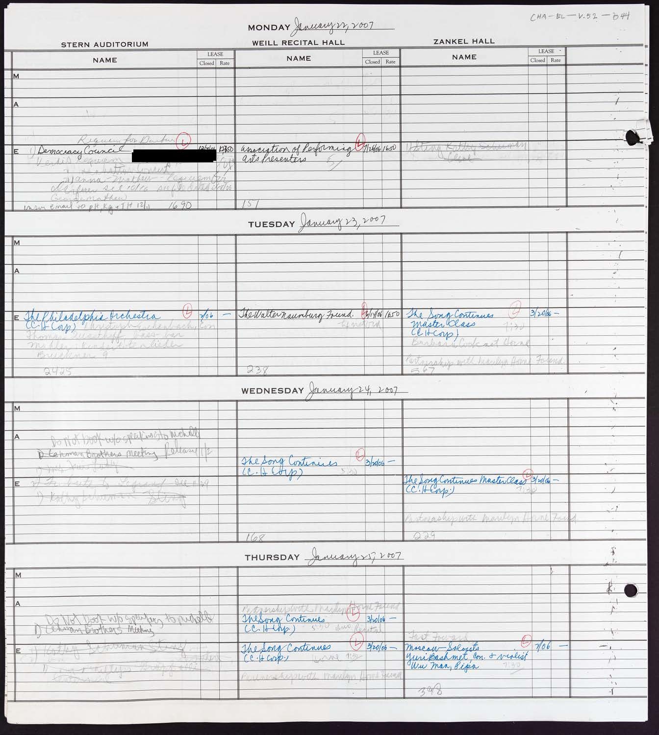 Carnegie Hall Booking Ledger, volume 52, page 44