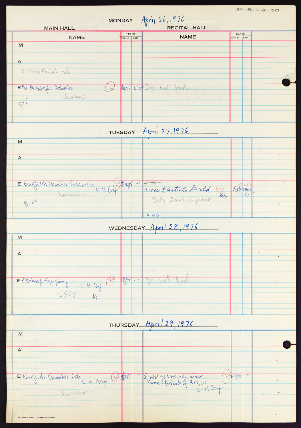 Carnegie Hall Booking Ledger, volume 21, page 70