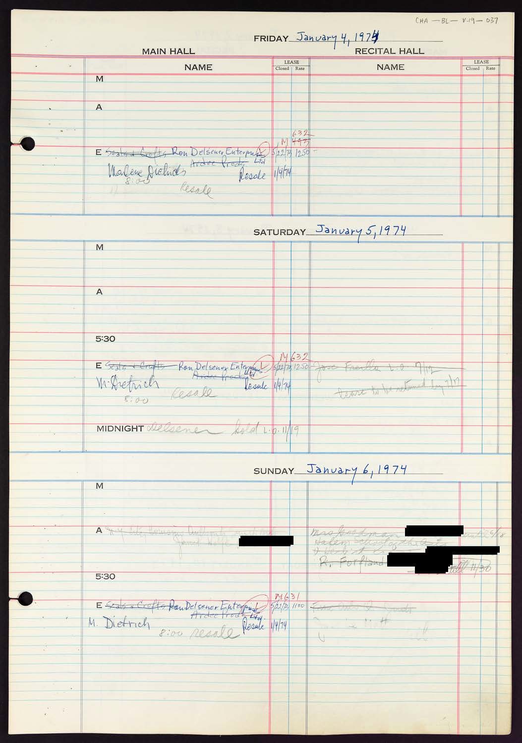 Carnegie Hall Booking Ledger, volume 19, page 37