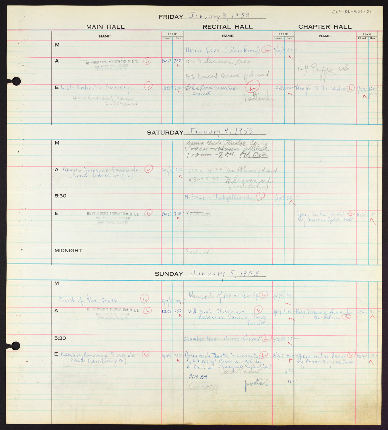 Carnegie Hall Booking Ledger, volume 3, page 31