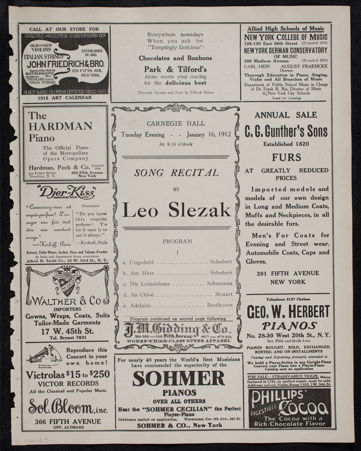 Leo Slezak, Tenor, January 16, 1912, program page 5