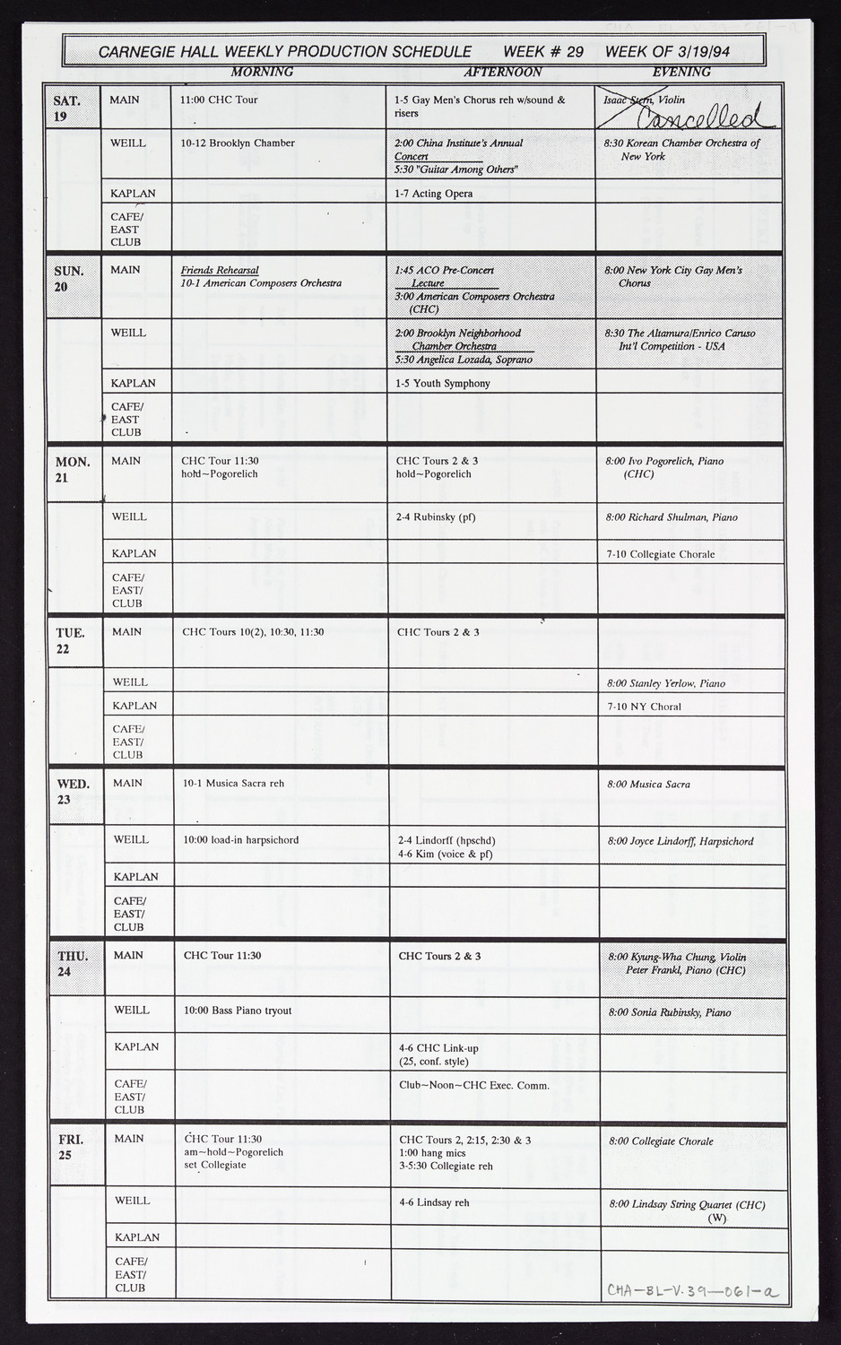 Carnegie Hall Booking Ledger, volume 39, page 61a