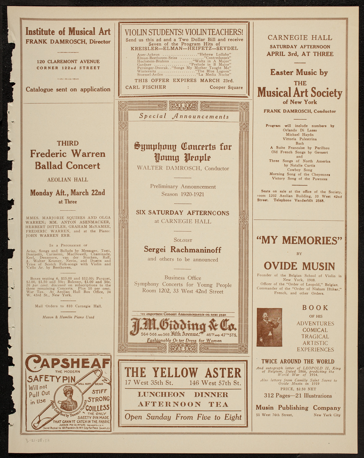 Benno Moiseiwitsch, Piano, March 21, 1920, program page 9