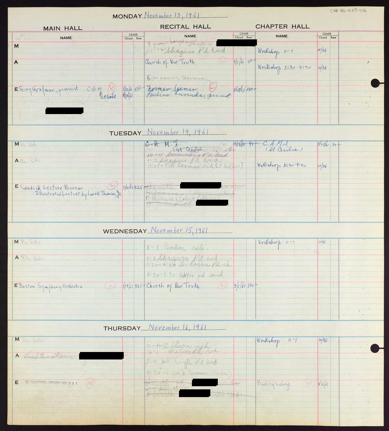 Carnegie Hall Booking Ledger, volume 7, page 26