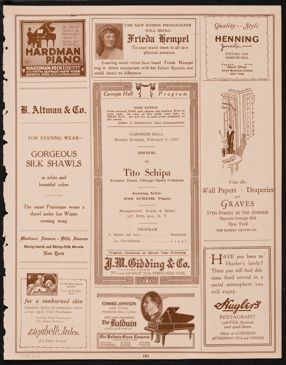 Tito Schipa, Tenor, February 9, 1925, program page 5