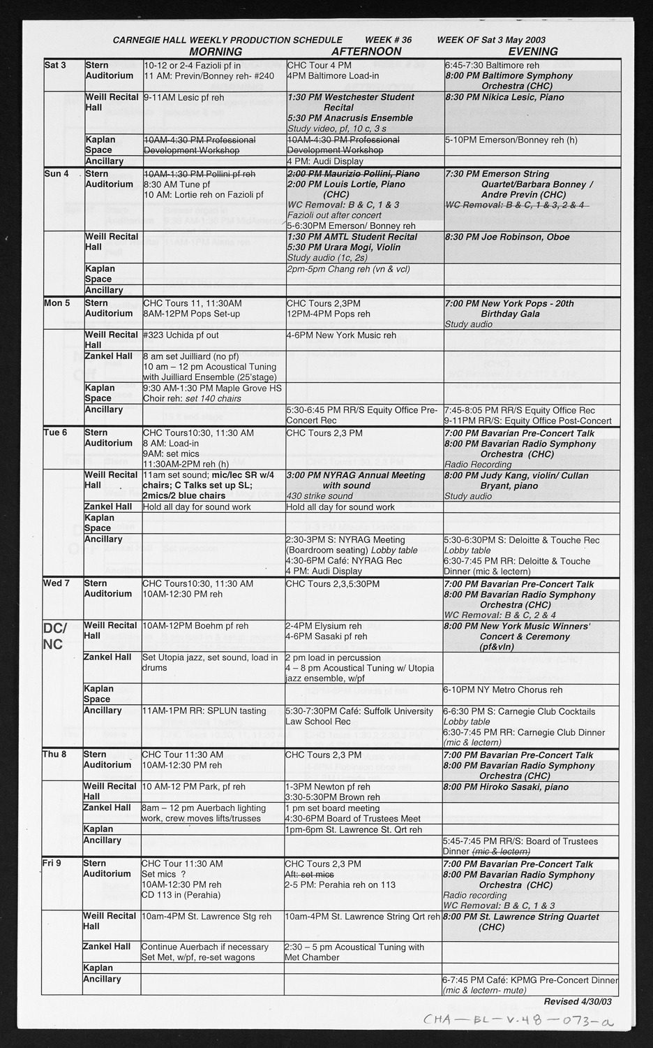 Carnegie Hall Booking Ledger, volume 48, page 73a