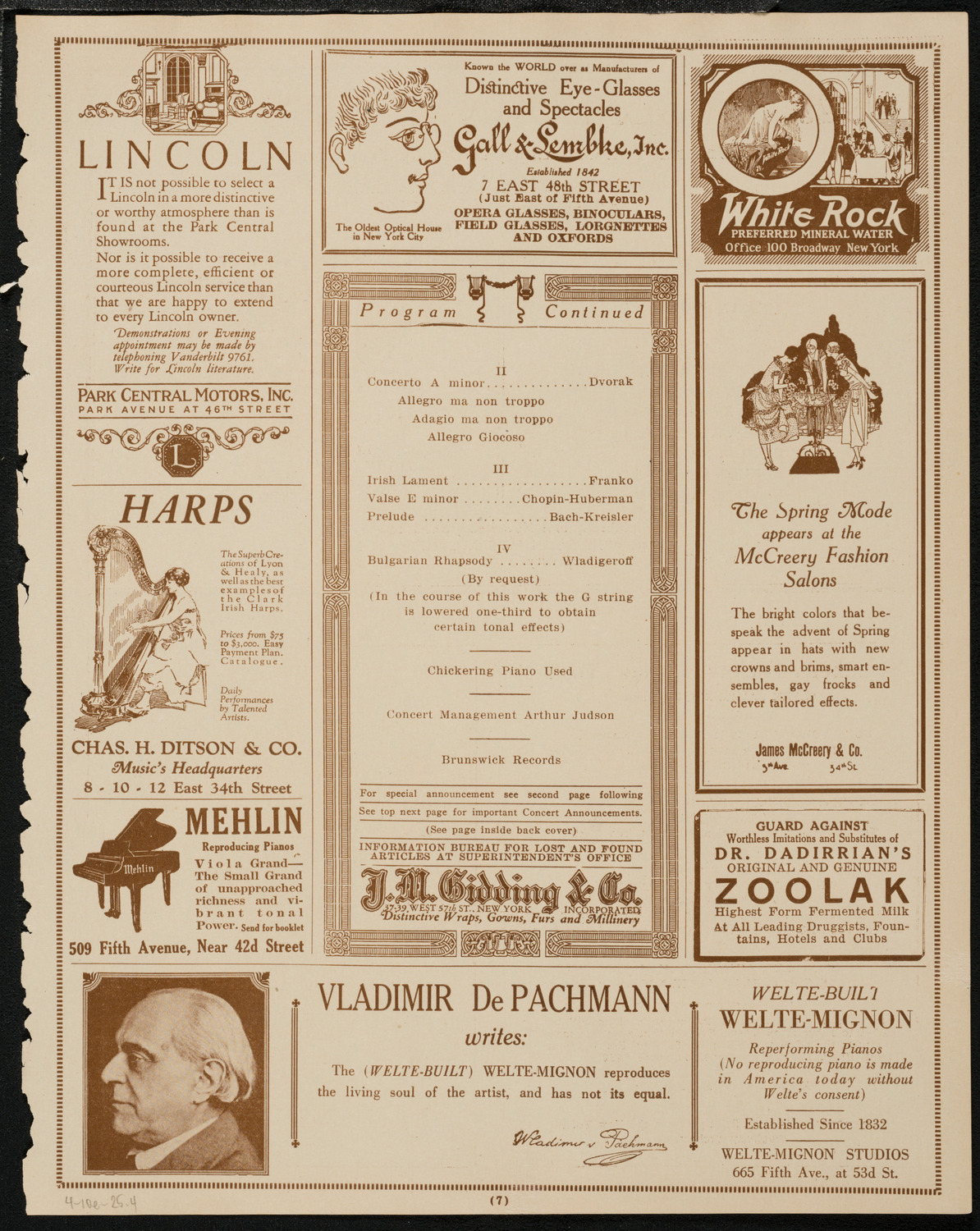 Max Rosen, Violin, April 10, 1925, program page 7