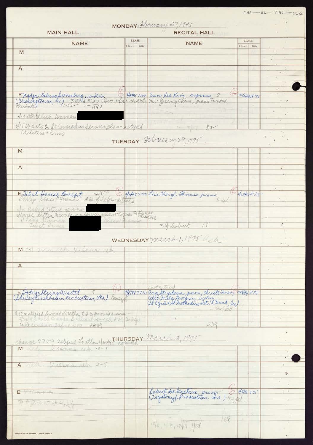 Carnegie Hall Booking Ledger, volume 40, page 56