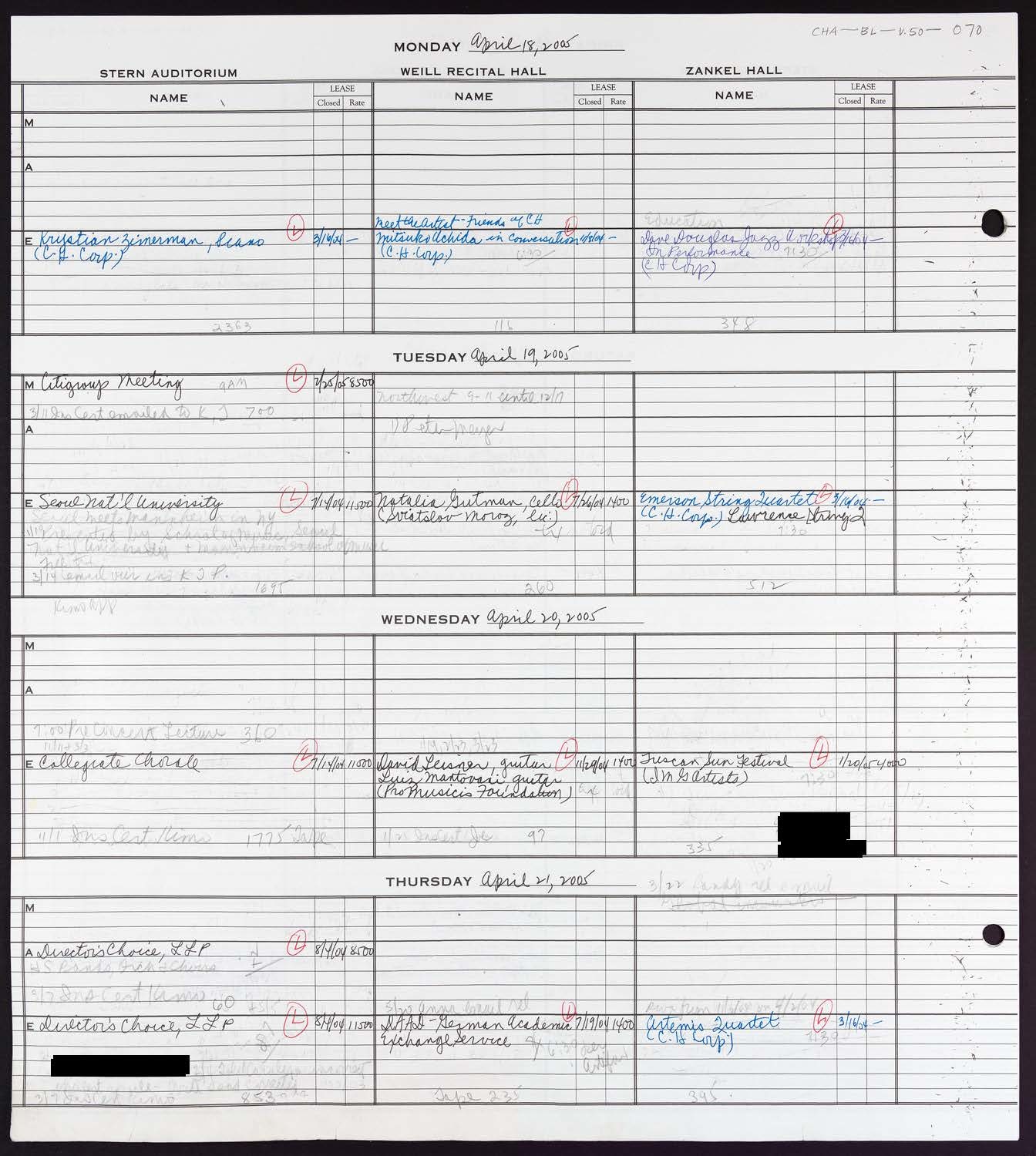 Carnegie Hall Booking Ledger, volume 50, page 70