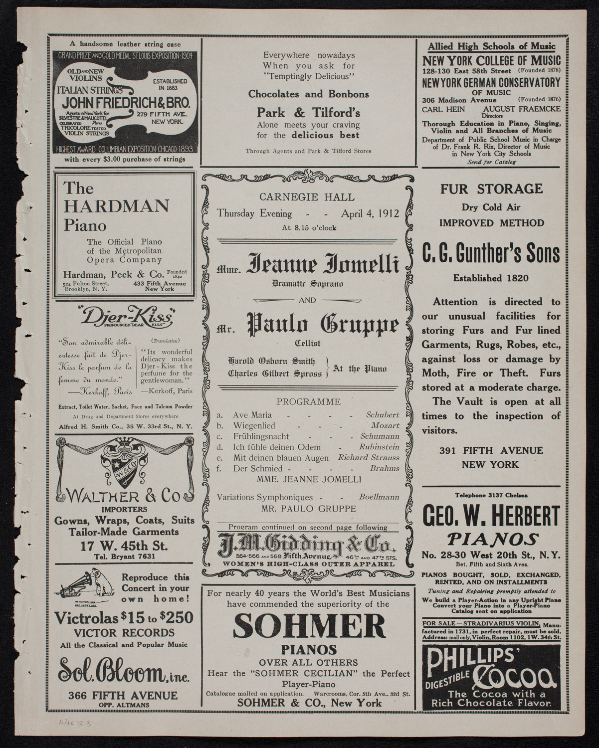 Jeanne Jomelli, Soprano, and Paolo Gruppe, Cello, April 4, 1912, program page 5