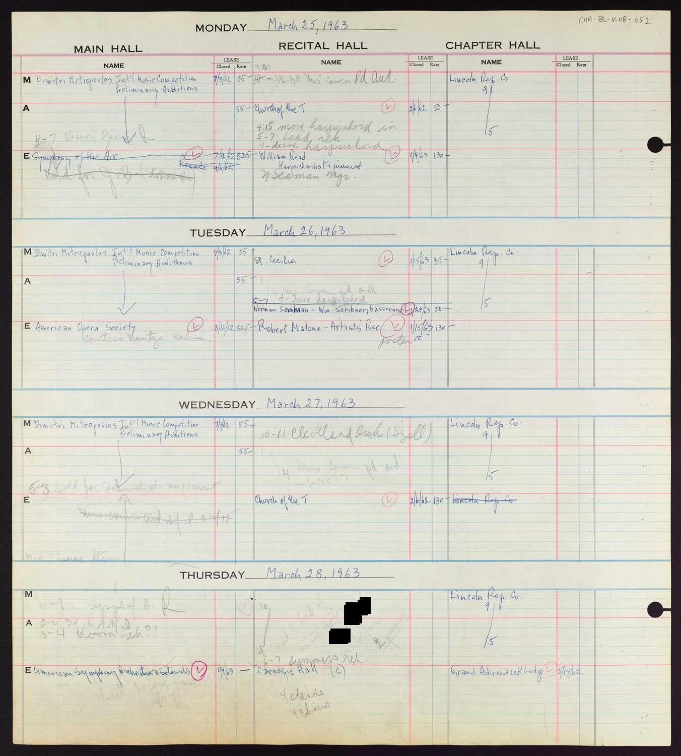 Carnegie Hall Booking Ledger, volume 8, page 52