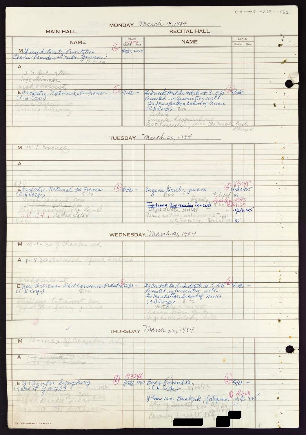 Carnegie Hall Booking Ledger, volume 29, page 62