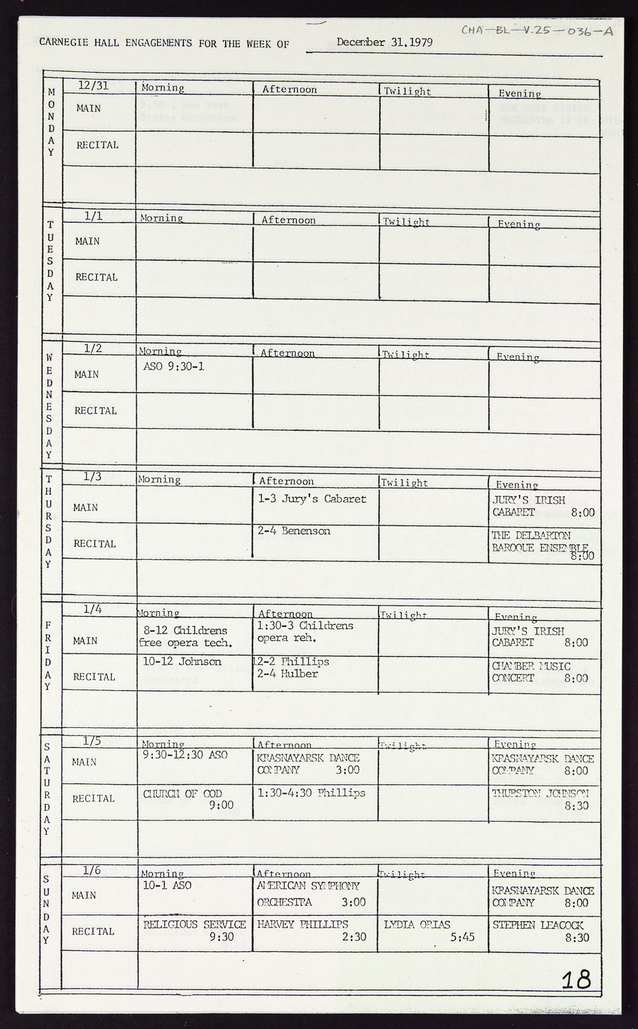 Carnegie Hall Booking Ledger, volume 25, page 36a