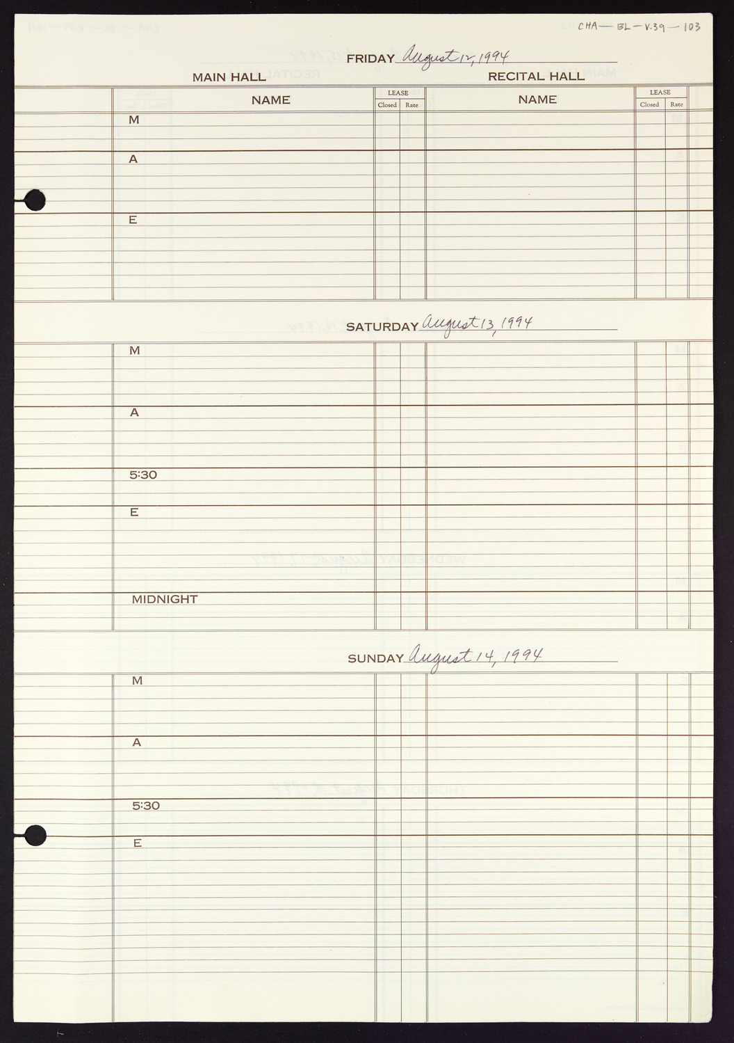 Carnegie Hall Booking Ledger, volume 39, page 103