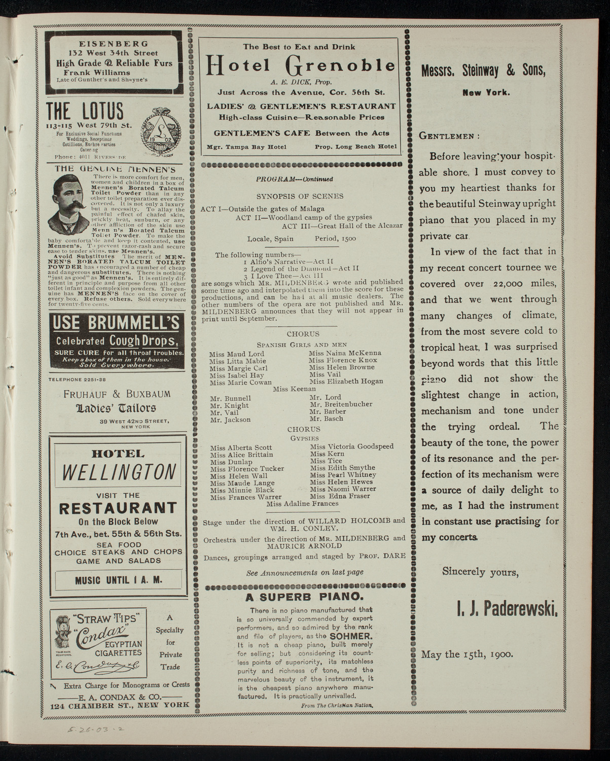 Opera Presentation by Albert Mildenberg, May 26, 1903, program page 3