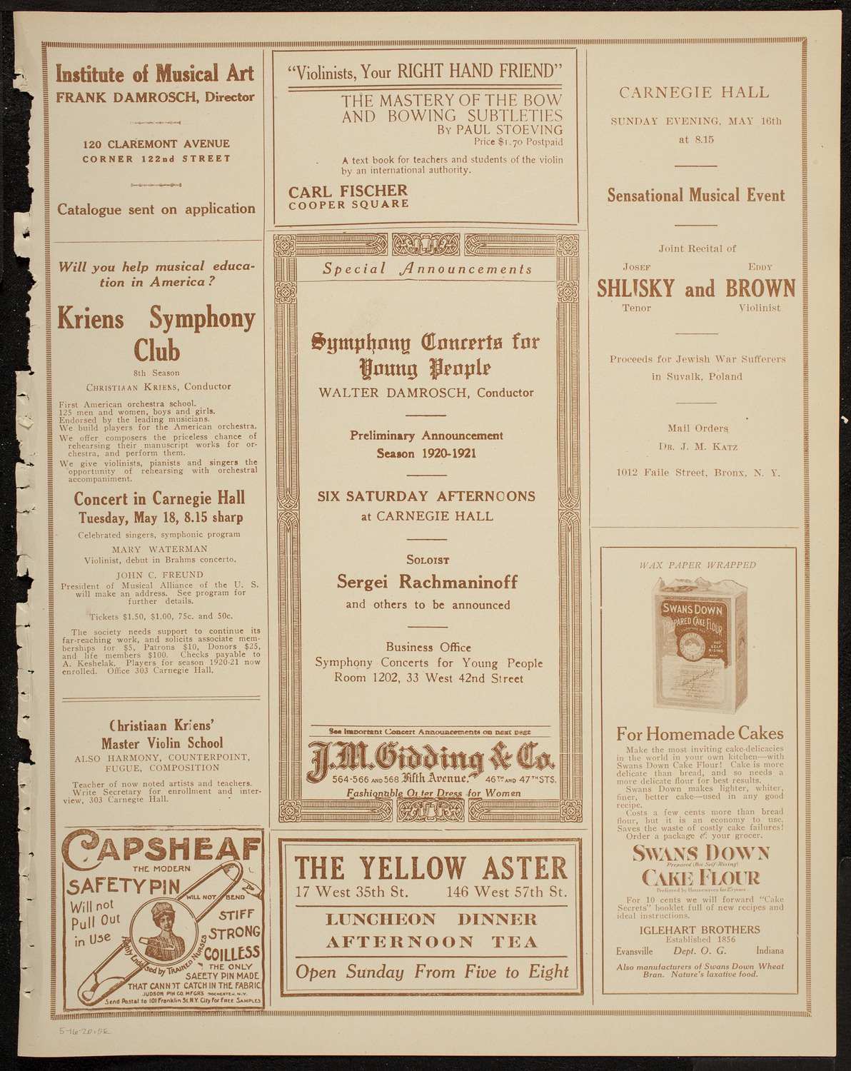 Josef Shlisky, Tenor, and Eddy Brown, Violin, May 16, 1920, program page 9