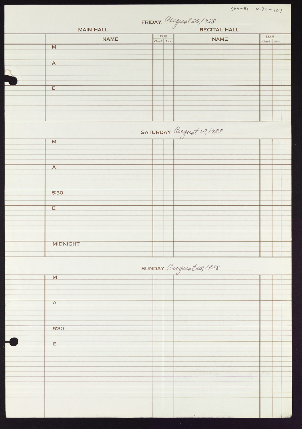 Carnegie Hall Booking Ledger, volume 33, page 107