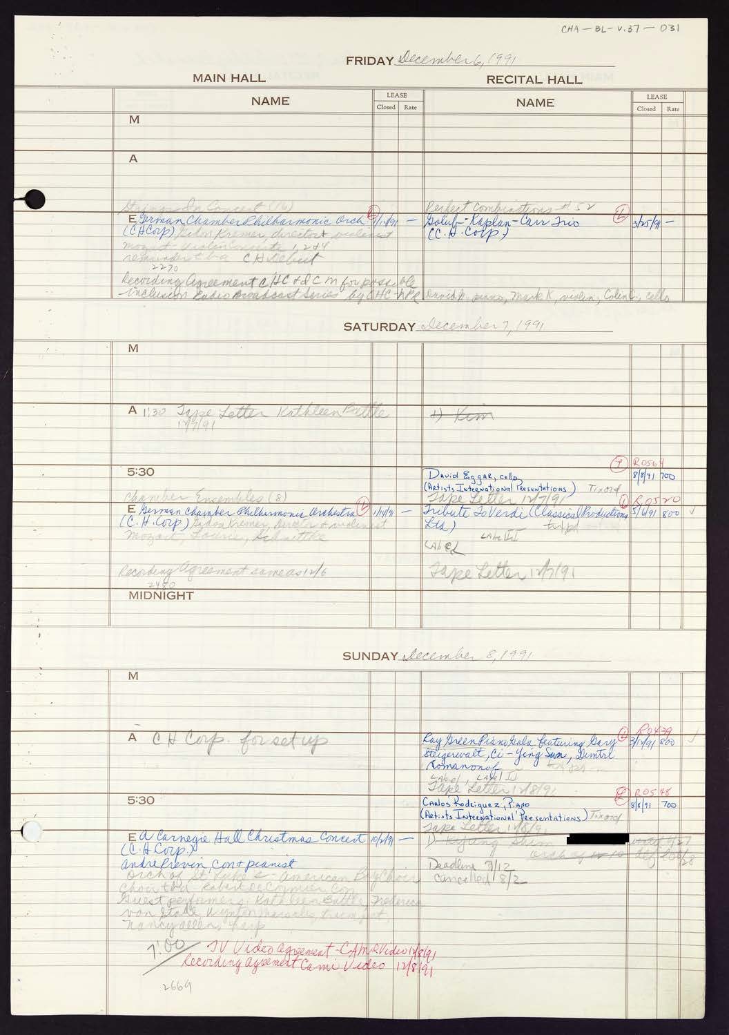 Carnegie Hall Booking Ledger, volume 37, page 31