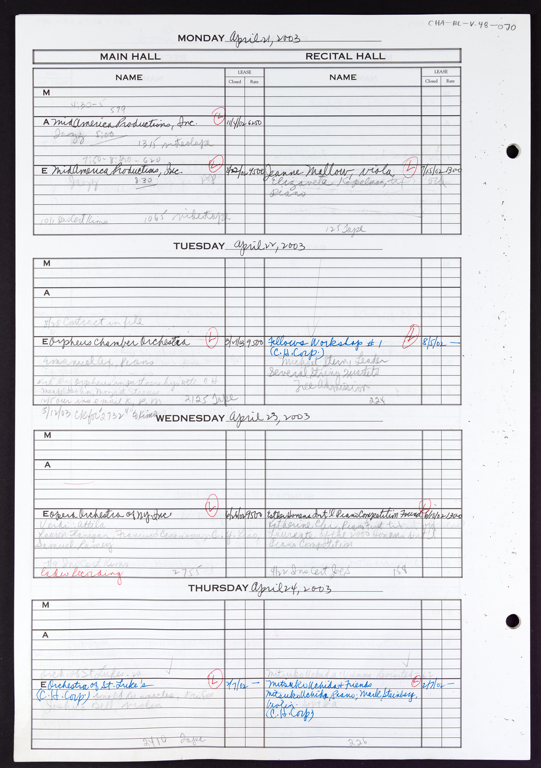 Carnegie Hall Booking Ledger, volume 48, page 70