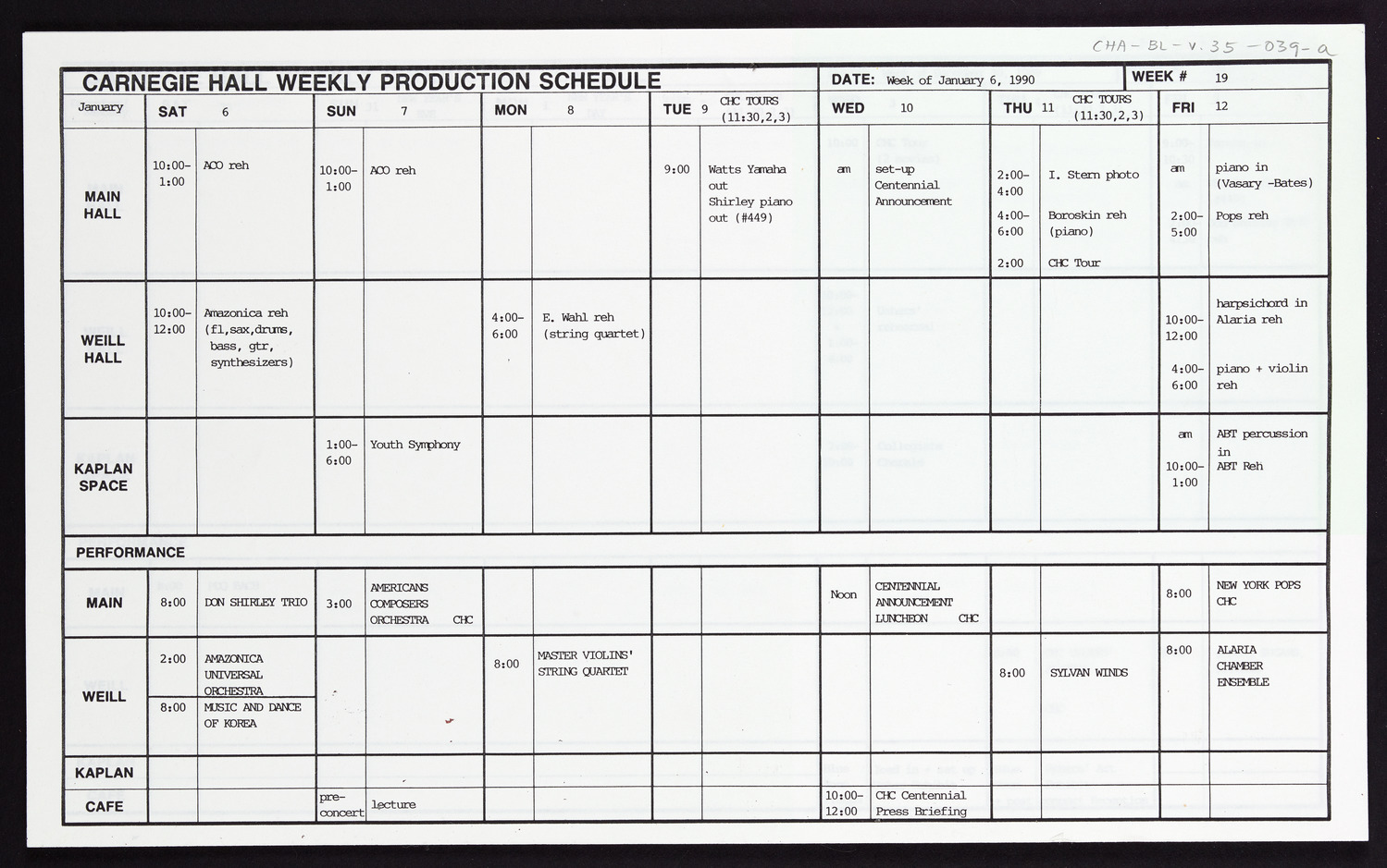 Carnegie Hall Booking Ledger, volume 35, page 39a