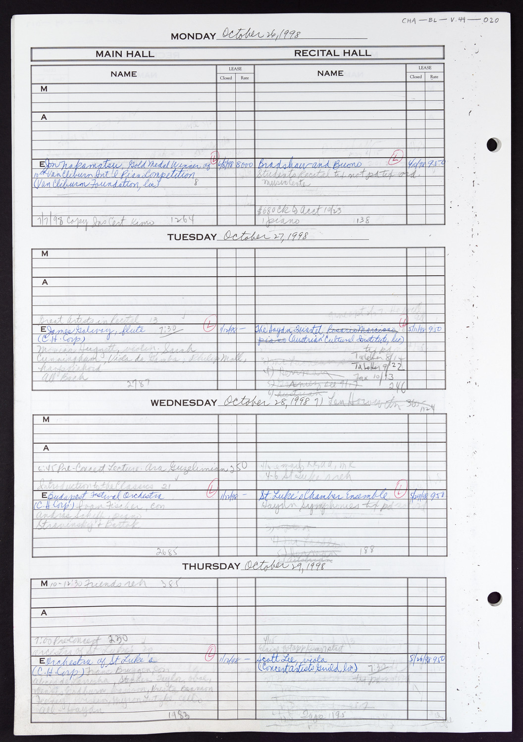 Carnegie Hall Booking Ledger, volume 44, page 20