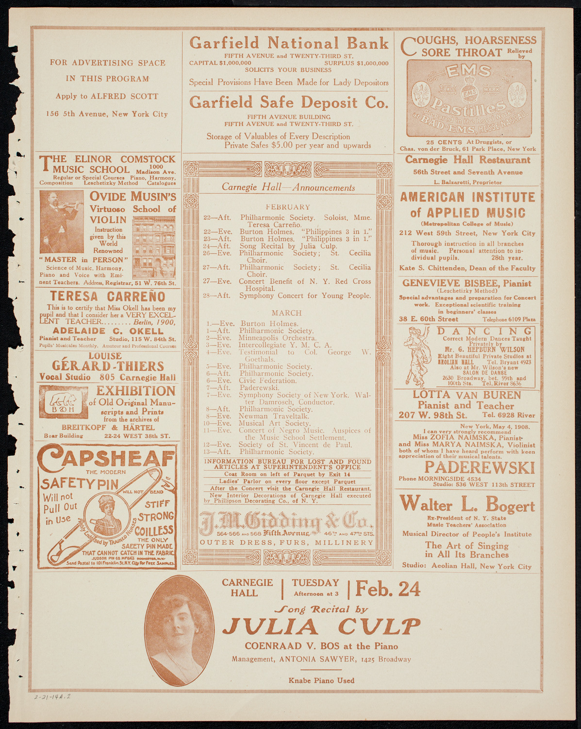 Boston Symphony Orchestra, February 21, 1914, program page 3