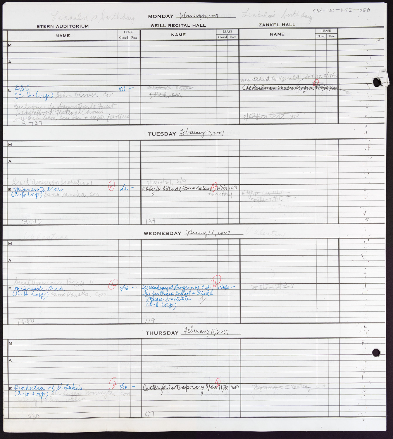 Carnegie Hall Booking Ledger, volume 52, page 50