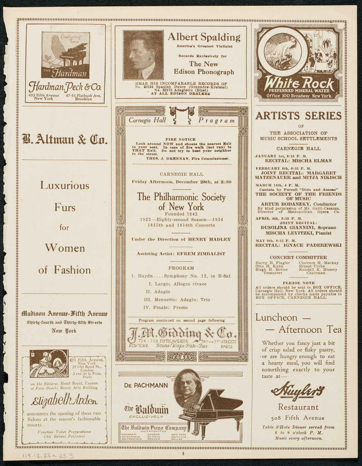 New York Philharmonic, December 28, 1923, program page 5