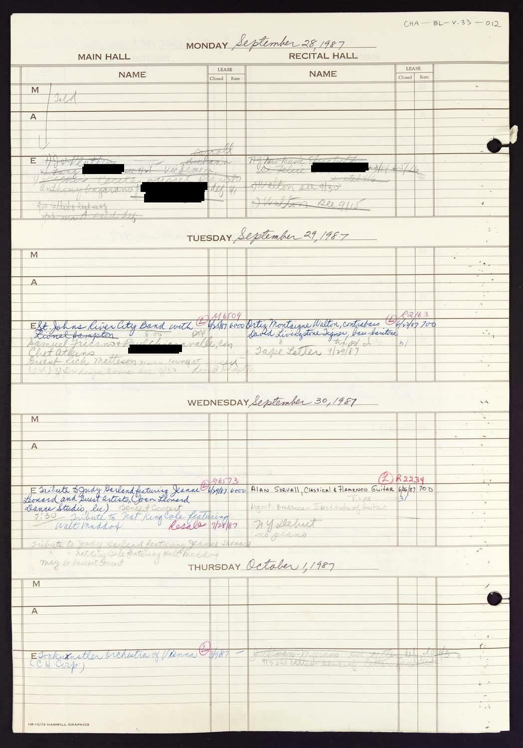 Carnegie Hall Booking Ledger, volume 33, page 12