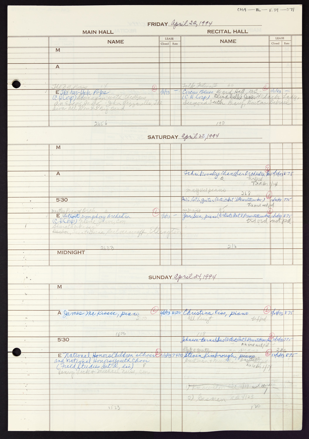 Carnegie Hall Booking Ledger, volume 39, page 71